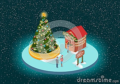 Christmas Holiday, Market with Evergreen Tree Vector Illustration