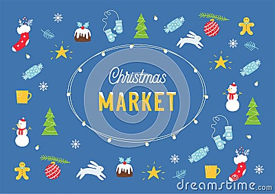 Christmas Holiday Market or Fair Poster with Festive Lights, Stockings and Trees. Vector Illustration Vector Illustration