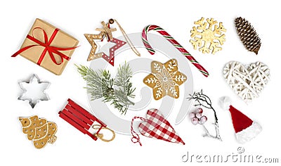 Christmas holiday objects and various decorations isolated on white background Stock Photo