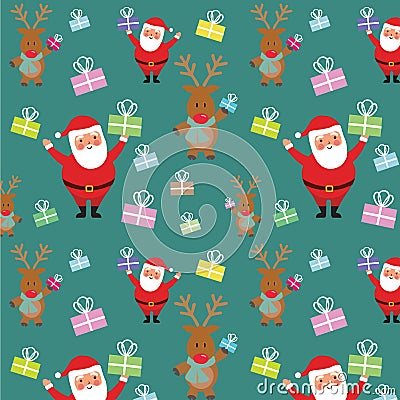 Christmas holiday pattern with santa and reindeer giving gifts. Hand drawing illustration Cartoon Illustration