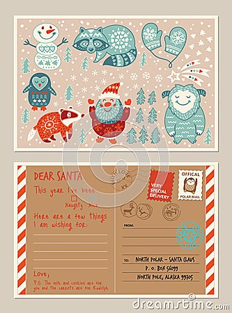 Christmas holiday post card and envelope with cute stamps Vector Illustration