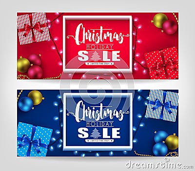 Christmas Holiday Sale Realistic Banners Set with 3D Frame Vector Illustration