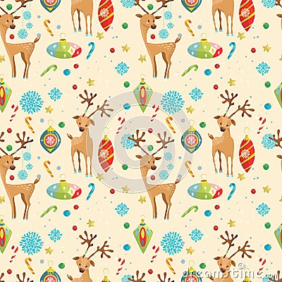 Christmas holiday seamless pattern with reindeer, snowflakes and Cartoon Illustration