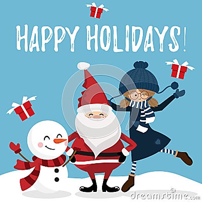 Christmas holiday season background with Santa Claus, snowman and Cute girl. Vector Illustration