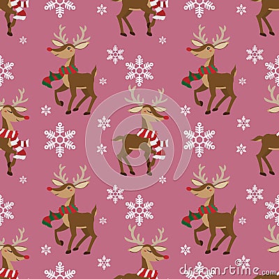 Christmas holiday season seamless pattern with Cute reindeer with scarf and snowflakes. Vector Illustration