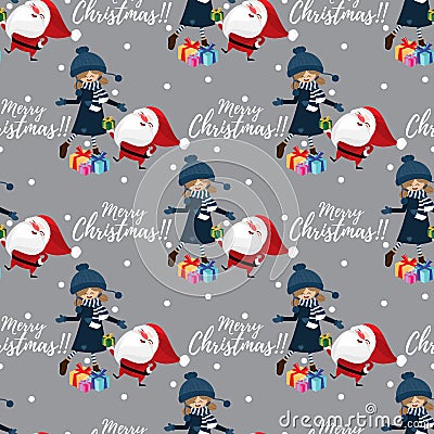 Santa Claus with Cute girl, gift box and Merry Christmas text seamless pattern on gray background. Vector Illustration