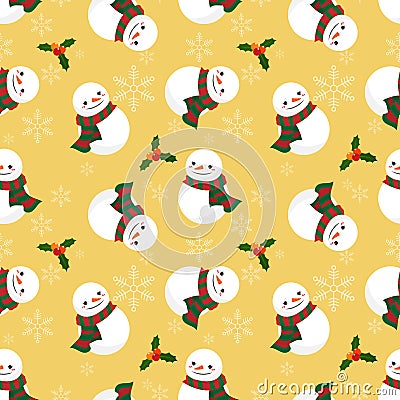 Snowman, holly berries and snowflake seamless pattern. . Vector Illustration