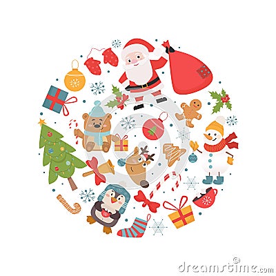 Christmas holiday symbols in circle shape illustration Vector Illustration