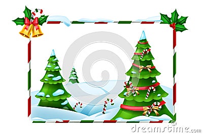 Christmas holiday vector frame, New Year winter background, forest view, decorated x-mas tree. Vector Illustration