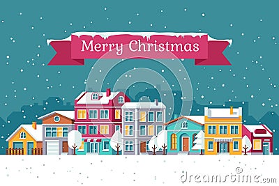 Christmas holiday vector greeting card with winter cityscape in snow Vector Illustration