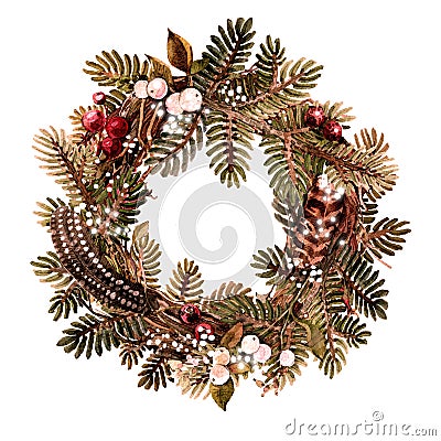 Christmas holiday wreath made of natural materials, branches, spruce, feathers, berries. Watercolor illustration Cartoon Illustration