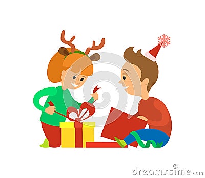 Christmas Holidays, Children Opening Presents Vector Illustration