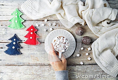Christmas holidays wood background with Cup of Cocoa with marshmallow and Christmas decoration Stock Photo