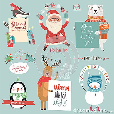 Christmas holidsys set with cute characters Vector Illustration
