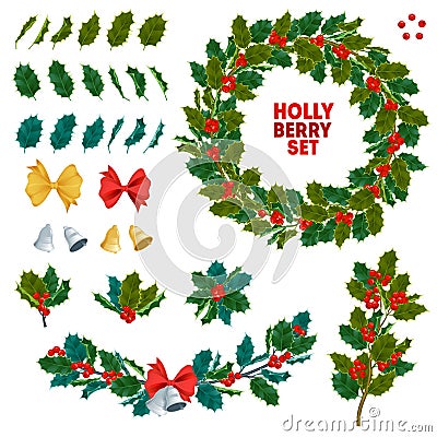 Christmas holly berry branch decoration vector leaves tree set, X-mas traditional symbol leaf icon branch illustration Vector Illustration