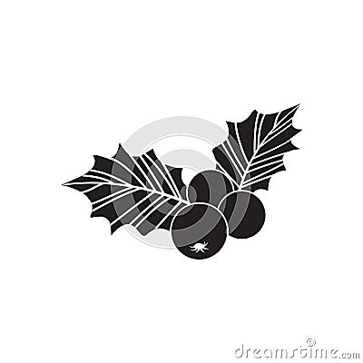 Christmas holly berry vector icon, mistletoe and leaf, black and white ilex branch, xmas plant. Cartoon holiday Vector Illustration