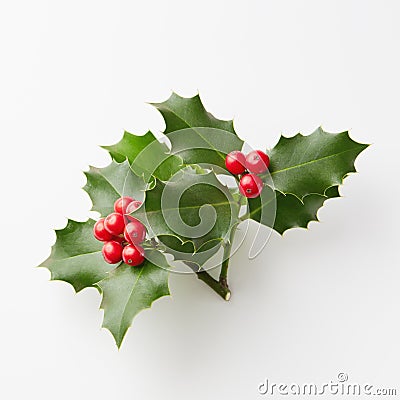 Christmas Holly With Red Berries On White. Stock Photo