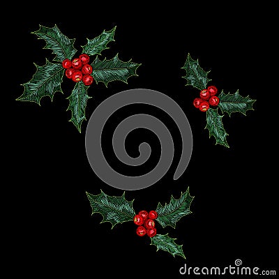 Christmas holly red berry embroidery seamless pattern. New year fashion decoration realistic stitch texture design Vector Illustration