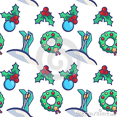 Christmas holly sprig and garland seamless pattern Vector Illustration