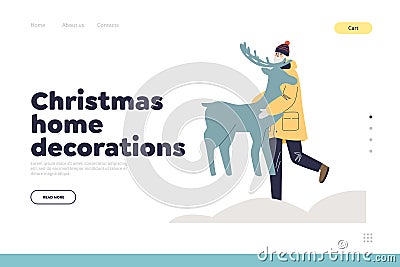 Christmas home decorations concept of landing page with man holding reindeer for decorating house Vector Illustration