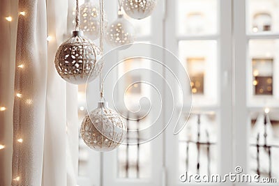 Christmas home decorations to spread holiday cheer. Interior details with white Christmas decoration balls, garlands Stock Photo