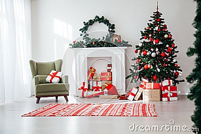 Christmas home interior Christmas tree red gifts new year decor festive background Stock Photo