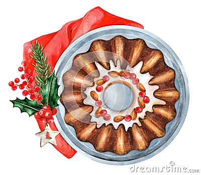 Christmas homebaked dark chocolate bundt cake watercolor Cartoon Illustration