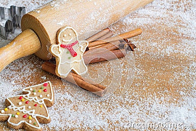 Christmas homemade gingerbread cookies and abstract background with sugar on board Stock Photo