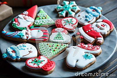 Christmas homemade gingerbread cookies, spices on the plate on dark wooden background among Christmas presents Stock Photo