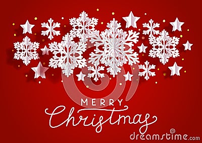 Christmas horizontal greeting card with paper snowflakes and stars on red background Vector Illustration