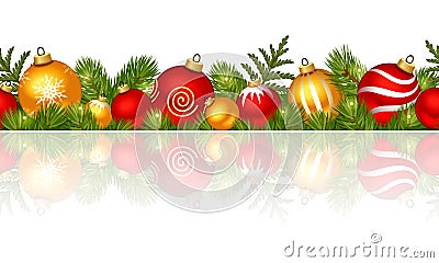 Christmas horizontal seamless background with red and gold balls. Vector illustration. Vector Illustration