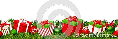 Christmas horizontal seamless background with red and green gift boxes. Vector illustration. Vector Illustration