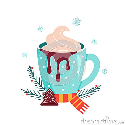 Christmas hot chocolate with cookie and candy Vector Illustration