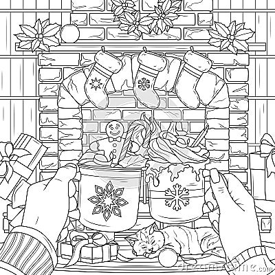 Christmas hot chocolate in hands by the fireplace. Coloring book antistress for adults. Vector Illustration