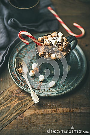 Christmas hot chocolate with marshmallows and cocoa, copy space Stock Photo