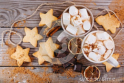 Christmas hot drink. Cocoa with marshmallows, chocolate and cinnamon Stock Photo