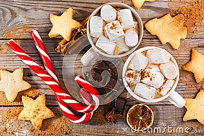 Christmas hot drink. Cocoa with marshmallows, chocolate and cinnamon Stock Photo