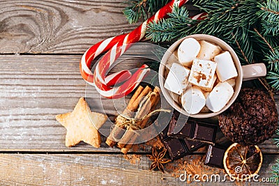 Christmas hot drink. Cocoa with marshmallows, chocolate and cinnamon Stock Photo