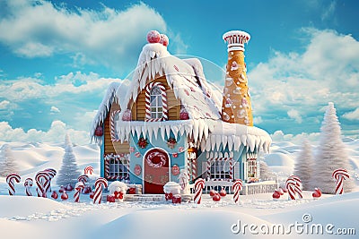 Christmas house in the forest with candies and winter holiday ornaments. Santa gingerbread house on the snow. Generated Stock Photo