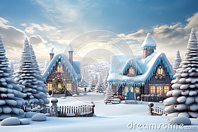 Christmas house in the forest with candies and winter holiday ornaments. Santa gingerbread house on the snow. Generated Stock Photo