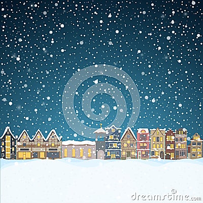 Christmas house in snowfall at the night. Happy holiday greeting card with town skyline, flying Santa Claus and deer Vector Illustration