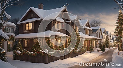 christmas house in the village, view of the city in christmas, christmas tree in the city Stock Photo