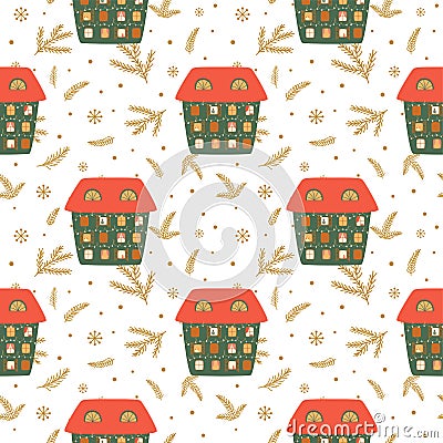 Christmas houses patten. Cute cartoon winter houses seamless pattern on gold fir branch. New year season, decorative paper Cartoon Illustration