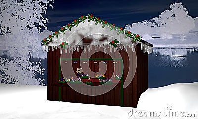 Christmas hut with Advent wreaths, little fairy and burning Advent candle Stock Photo