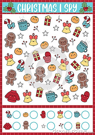 Christmas I spy game for kids. Searching and counting activity with cute kawaii holiday symbols. Winter printable worksheet for Vector Illustration