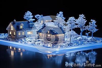 Christmas Ice Miniature Village extreme closeup. Generative AI Stock Photo