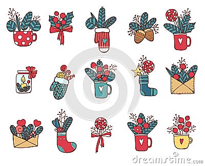 Christmas icon set in color. Vector doodle illustration isolated. Design element hand drawn style for your design. Vector Illustration