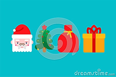 Christmas icon set. Santa Claus and deer. Red bag and Snowman. Xmas symbol. New Year sign Vector Illustration