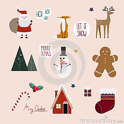 Christmas icon set in sticker style Vector Illustration