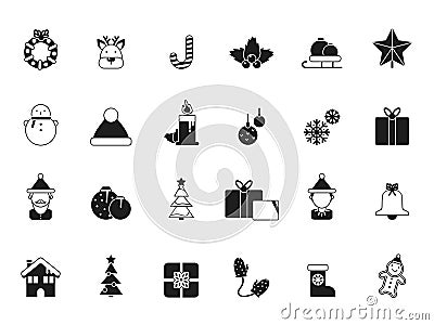 Christmas icons. Bells and santa, elf and celebration gifts, green tree and candied december winter season items and Vector Illustration